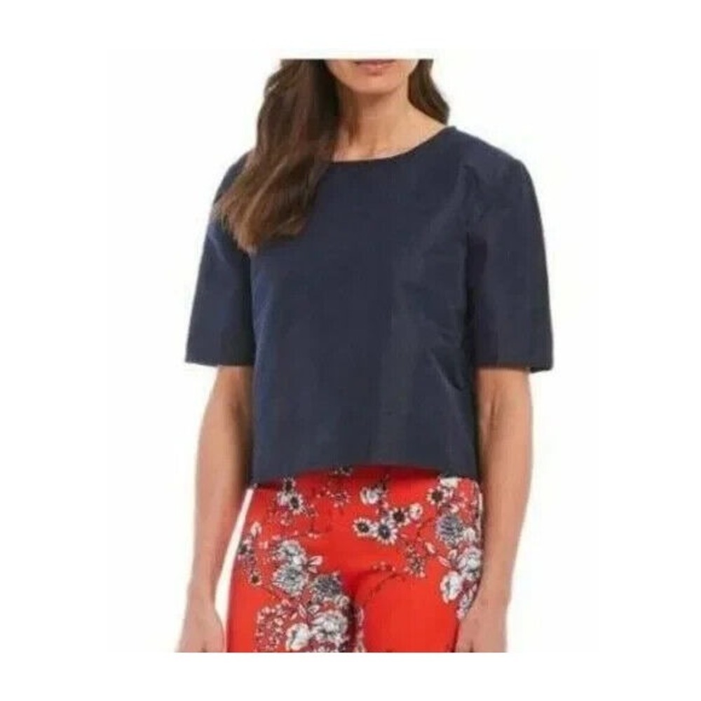 BRYN WALKER Women Short Sleeve Crop Simon Box Linen Blend Blouse Sz M Blue‎ 68-1